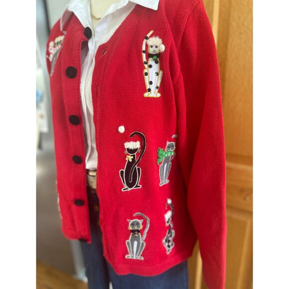 Vintage Cat Holiday Christmas Cardigan Sweater Red Button Front Women’s M - Picture 2 of 8